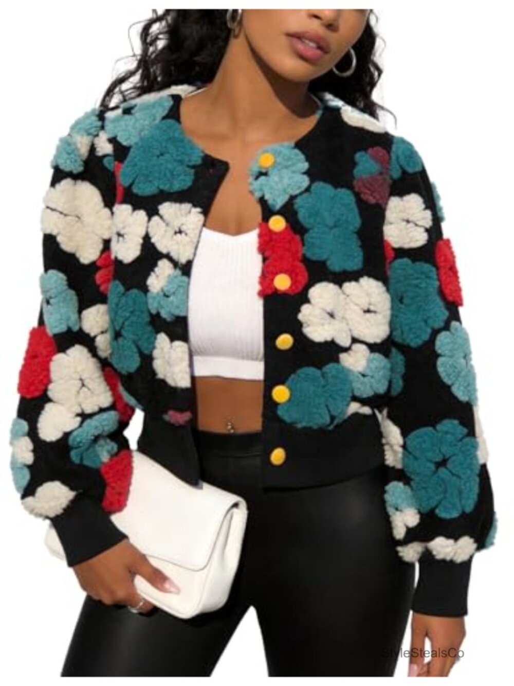 Fleece Floral Bomber Jacket Cropped Button-Down Women's Coat